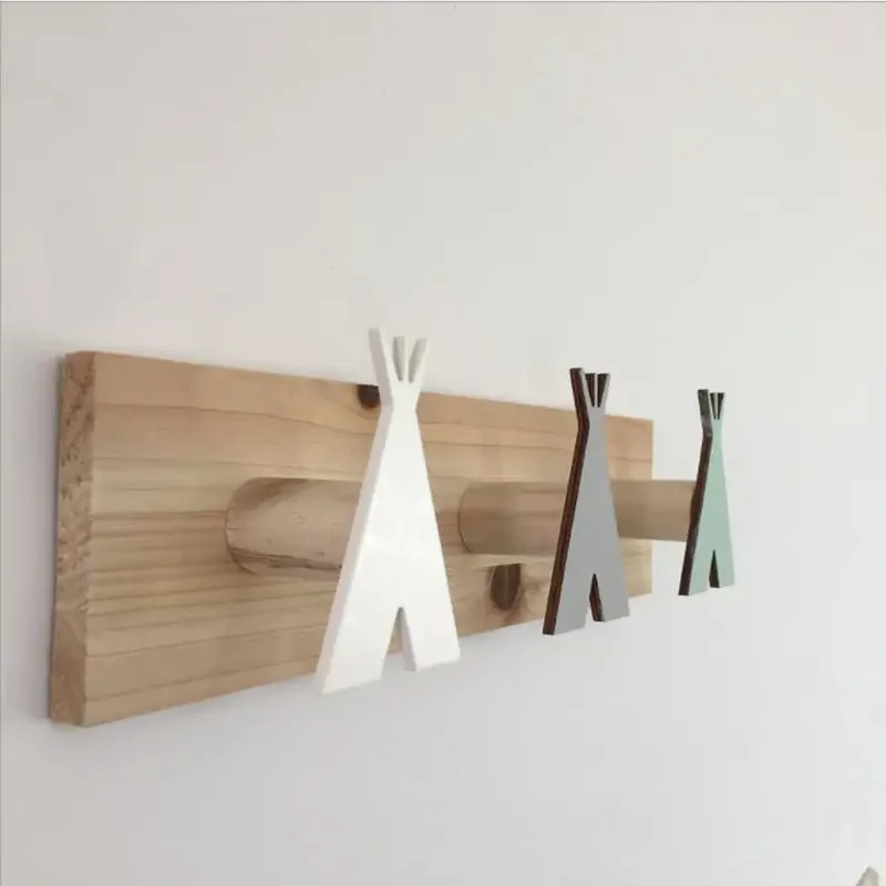 Nordic Tent Row Hook Solid Wood Wall Hooks Coat Rack Towel Mask Clothes Hangers Keys Holder Organizer Kids Room Decoration