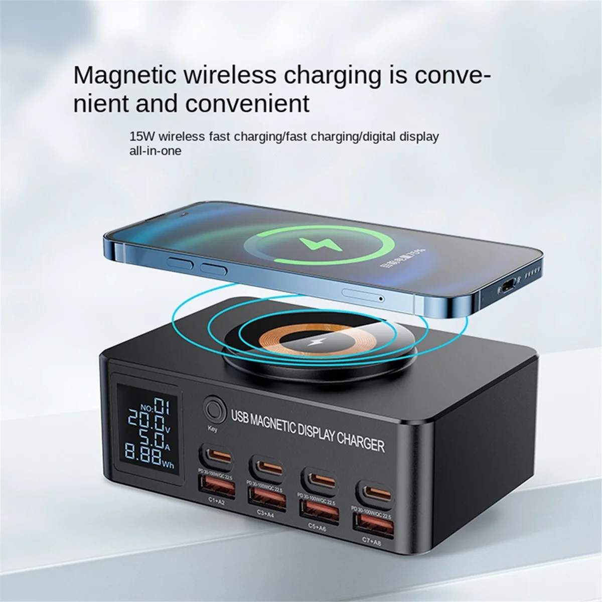 140W Multi-Ports Fast Charger Wireless Charging PD QC 3.0 Digital Display Quick Charge EU Plug