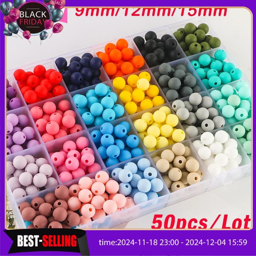 50Pcs/Lot Silicone Beads 9/12/15MM Round Beads For Jewelry Making To Make Bracelets DIY Keychain Necklace Jewelry Accessories