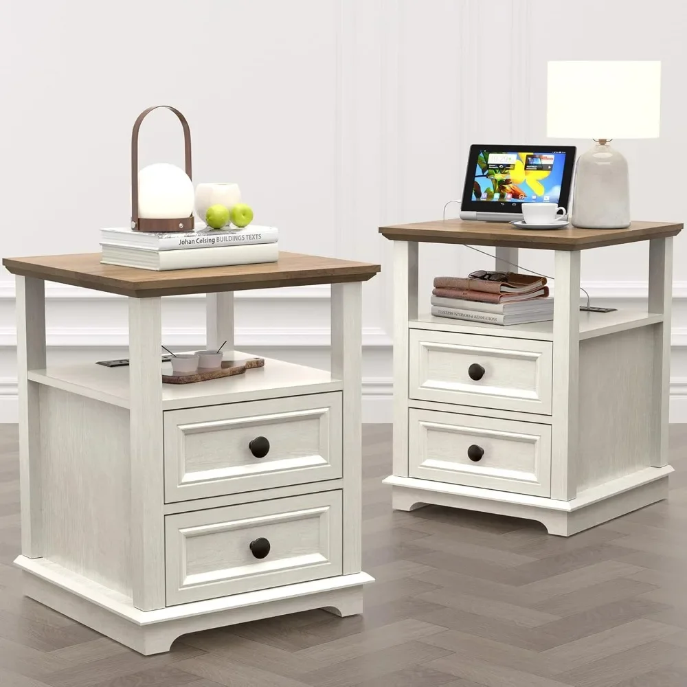 24” Tall Nightstand with Charging Station Set of 2, Fast Charge End Table Set of 2, Large 18” Bedside Table with Drawers,  White