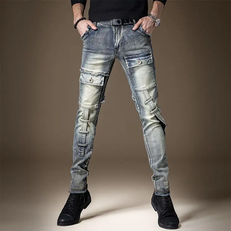 Fashionable and Comfortable Multiple Pockets Cargo Pants for Men Washed Korean Style Designer  Motorcycle Slim Fit Luxury Jeans