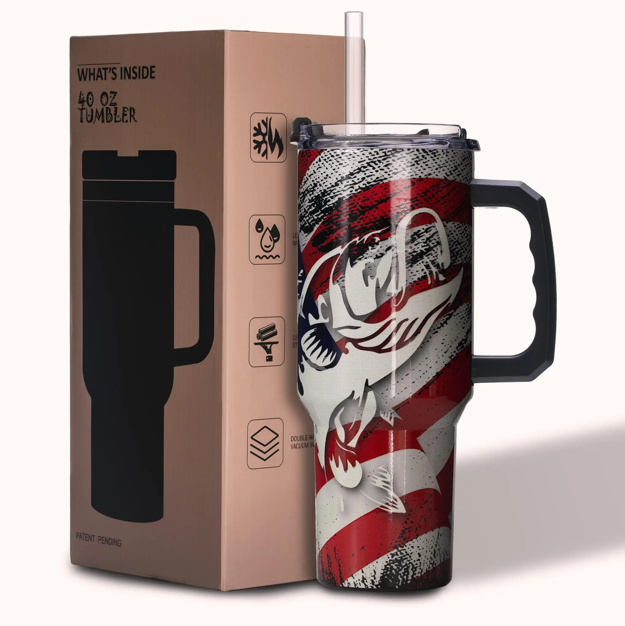 

40oz Stainless Steel Fishing Print Tumbler, Vacuum Insulated, Sweat-Proof, Wide Mouth, Flip Lid, Leakproof