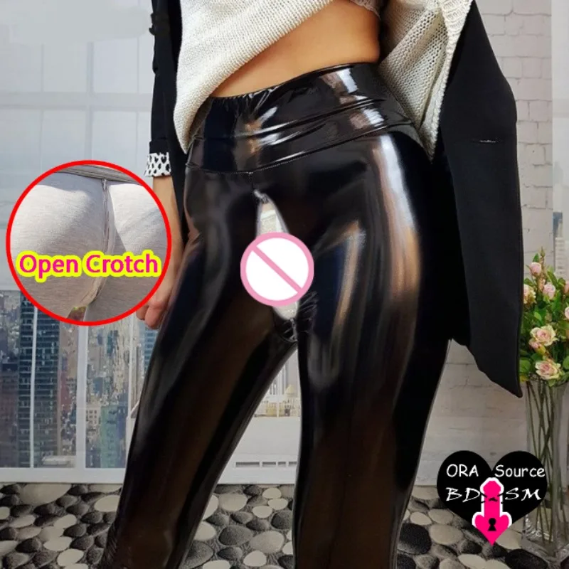 ‌ Czarne damskie elastyczne spodnie z otwartym kroczem, regulowane nogawki, obcisłe, bez kroku, jesienne modne spodnie.