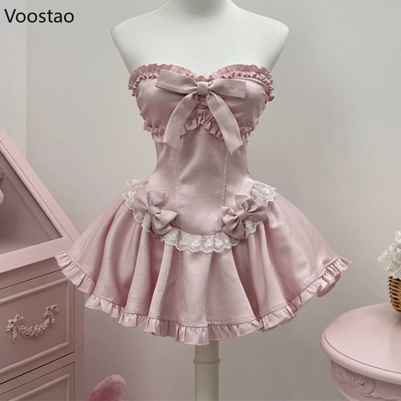 Robe de Style Lolita japonaise pour femmes, Kawaii Y2k, nœud en dentelle, à volants, sans bretelles, rose, Mini robe de soirée coréenne