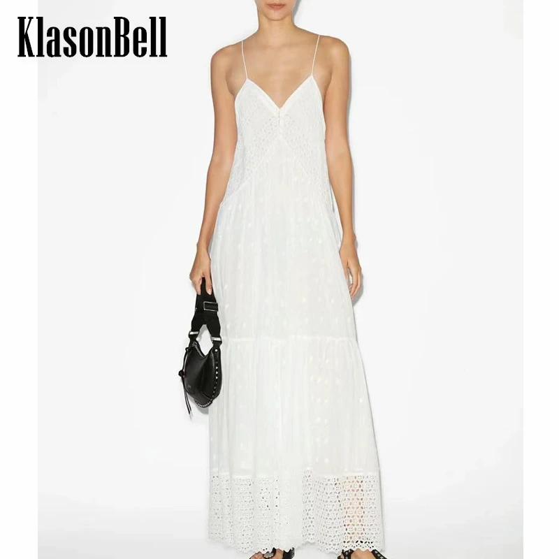 

5.16 KlasonBell Cotton Embroidery Hollow Out Sexy V-Neck Spaghetti Strap Dress Women Europe America Fashion Holiday Maxi Dress