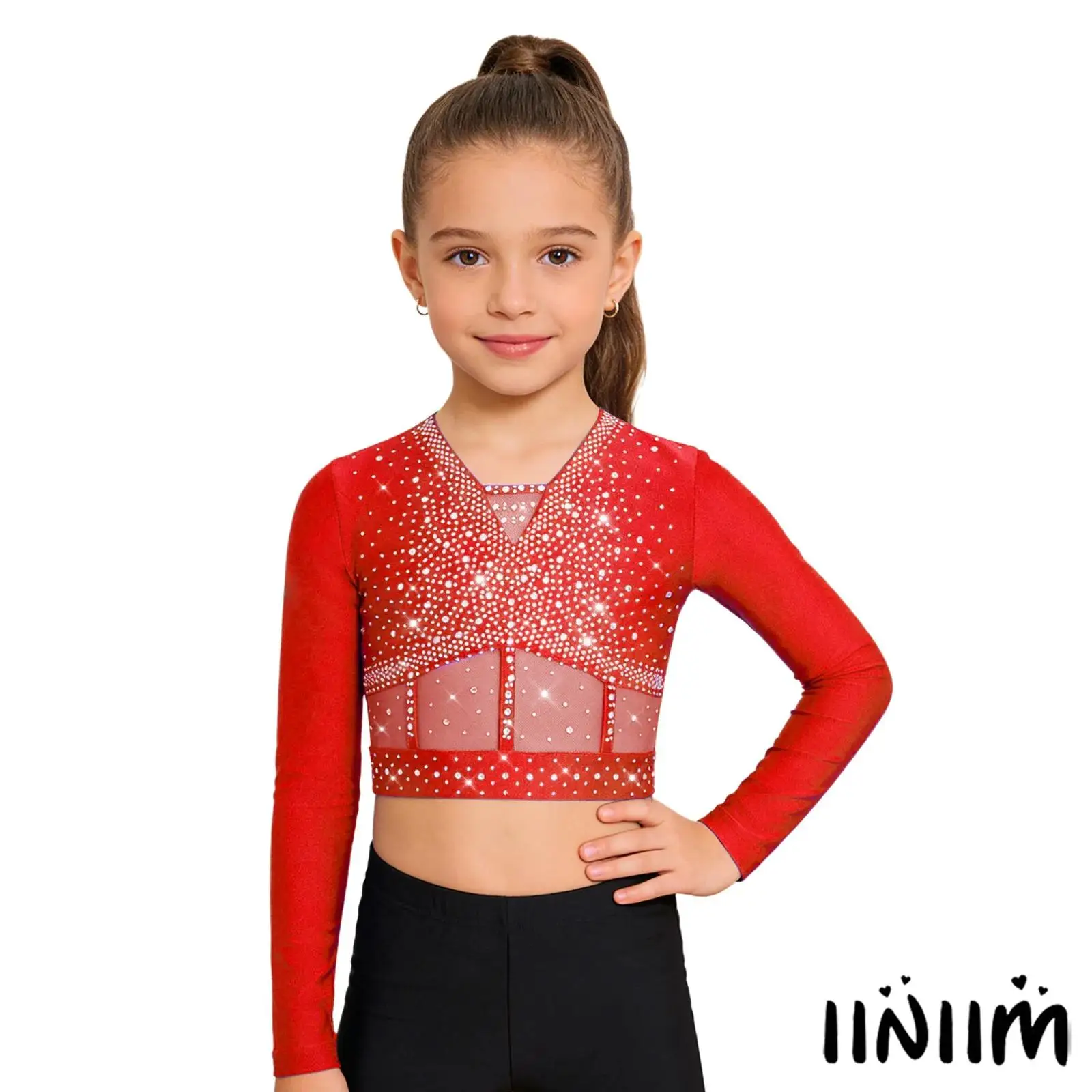 

Children Girls Dance Crop Tops Long Sleeve Patchwork Rhinestones Top for Ballet Gymnastics Skating Stage Performance Dance Wear