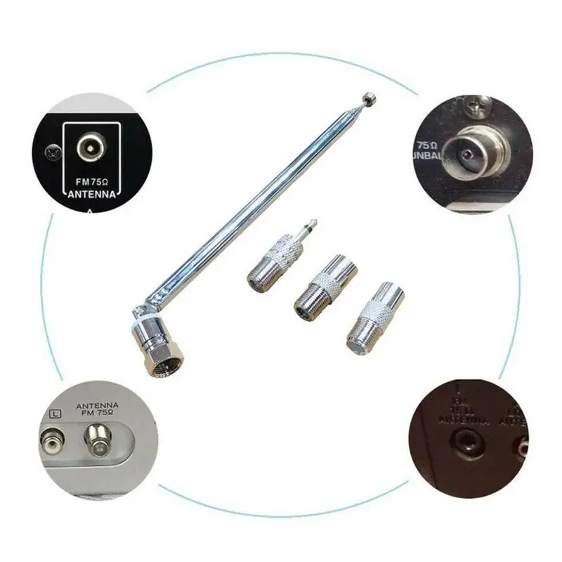 76cm FM Radio Antenna Extendable 3.5 Gain 75Ω, F-Male + 3 Adapters Replacement Connector Accessories
