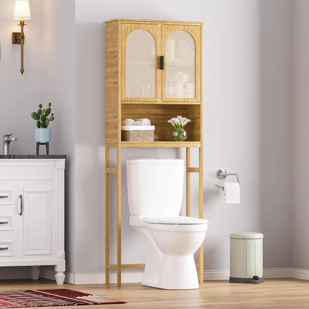 

Over-the-Toilet Bamboo Storage Shelf with U-Shaped Design, Rattan Surface, Natural Finish, Space-Saving Bathroom Organizer