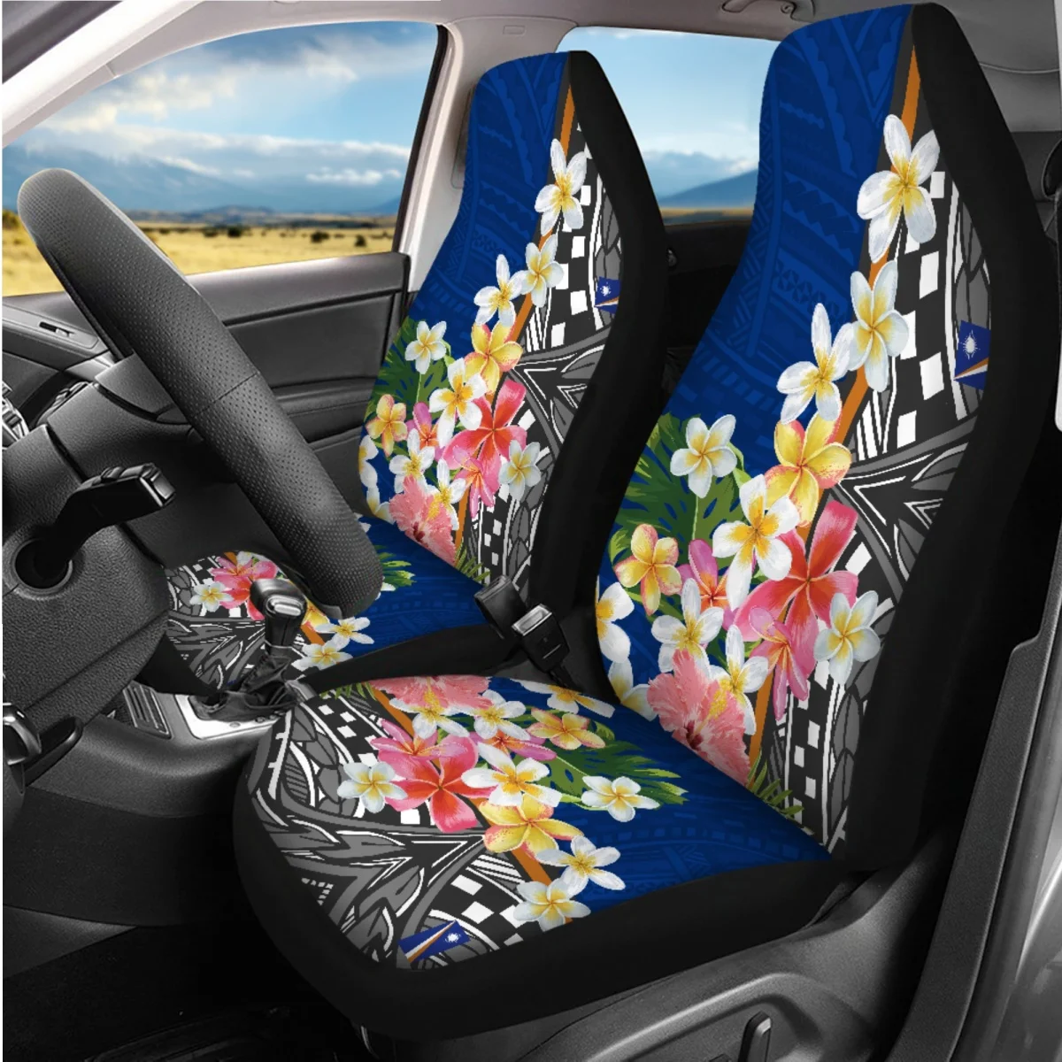 Car Seats Cover Polynesian Hibiscus Plumeria Full Set 4Pcs Front/Back Seat Protector Custom Auto Seatbelt Steering Wheel Covers