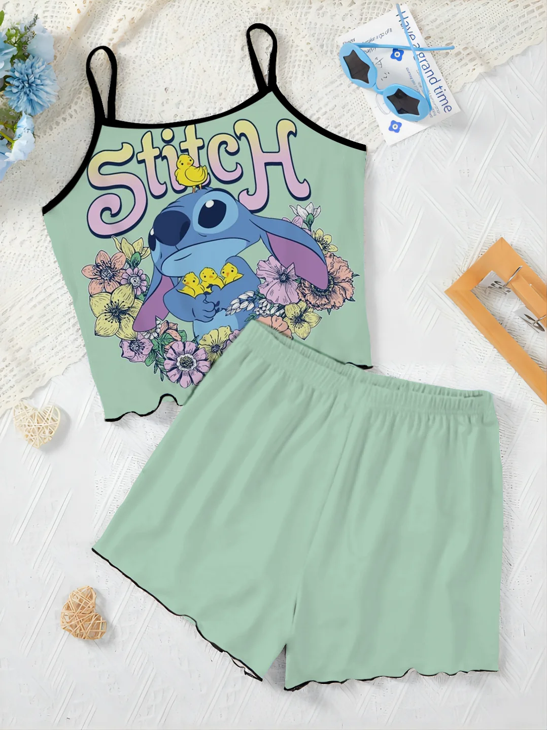 Stitch Sla Trim Luxe Elegante Dames Sets Slip Dress Pyjama Rok T-Shirt Top Disney Stukken Kort 2-delig Pak Disney Home