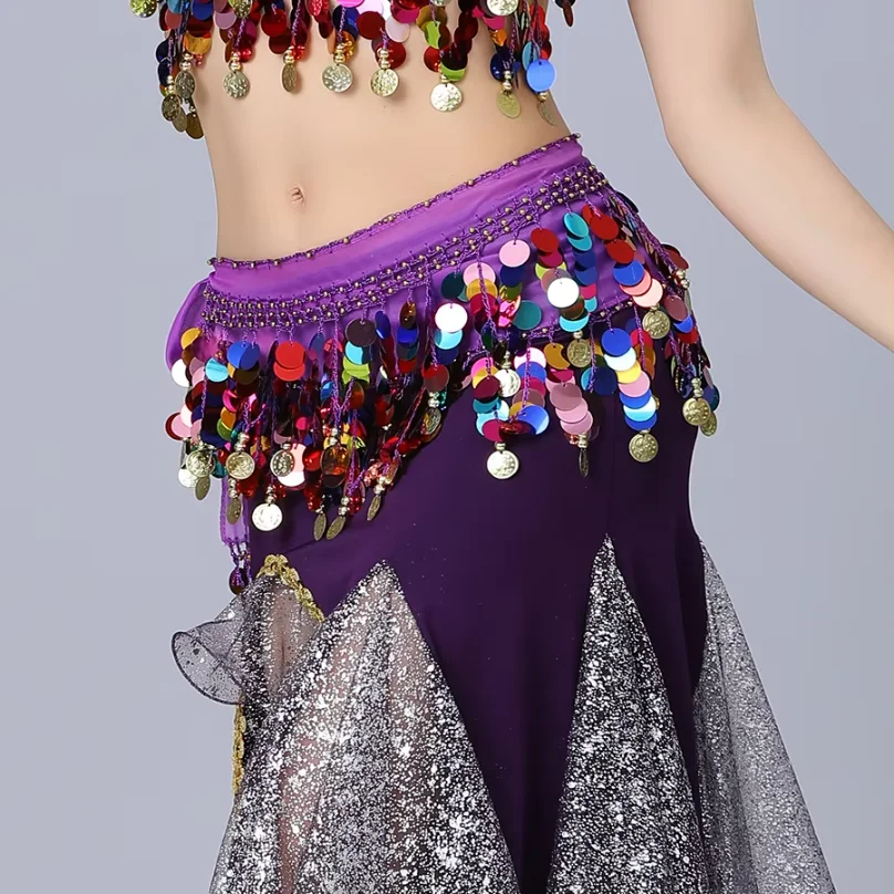 

Purple Sequin Belly Dance Hip Scarf with Gold Coins, Shiny Fringe, Elastic Waistband – Perfect for Performances, Workouts, and D