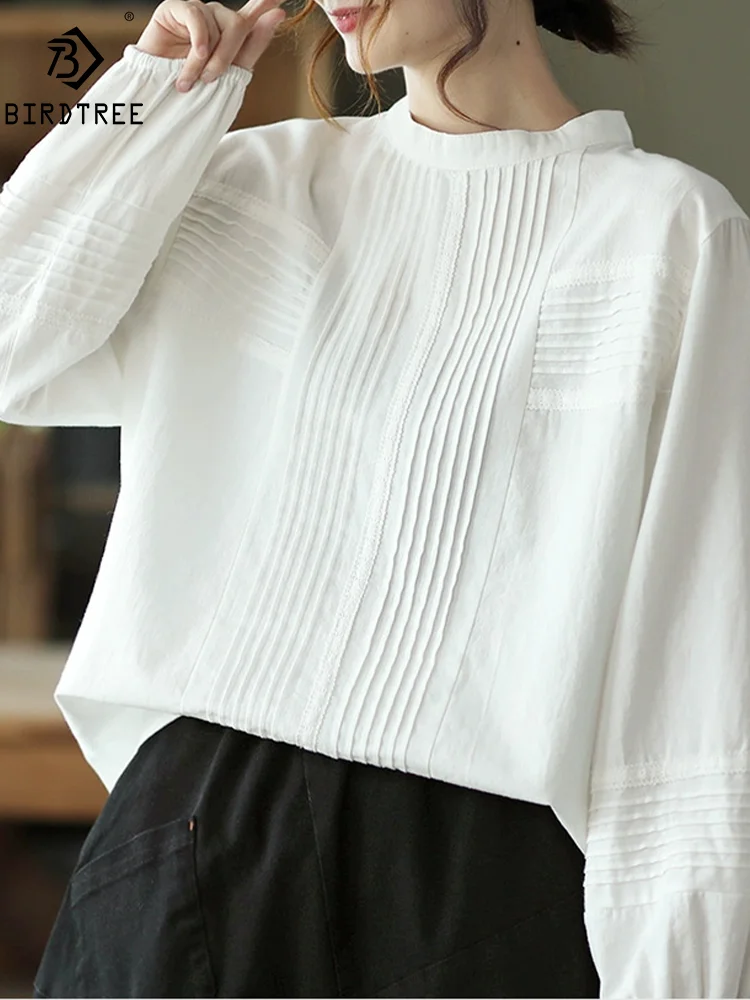 New Summer Cotton Long Sleeve Shirts Stand Neck Folds Tops Mori Girl Casual Retro Loose Chic Blouse 2024 Autumn T462144QM