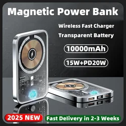 Przezroczysty magnetyczny powerbank 10000 mAh do zewnętrznej baterii zapasowej Magsafe Power Bank PD 20W bezprzewodowa ładowarka do iPhone Samsung