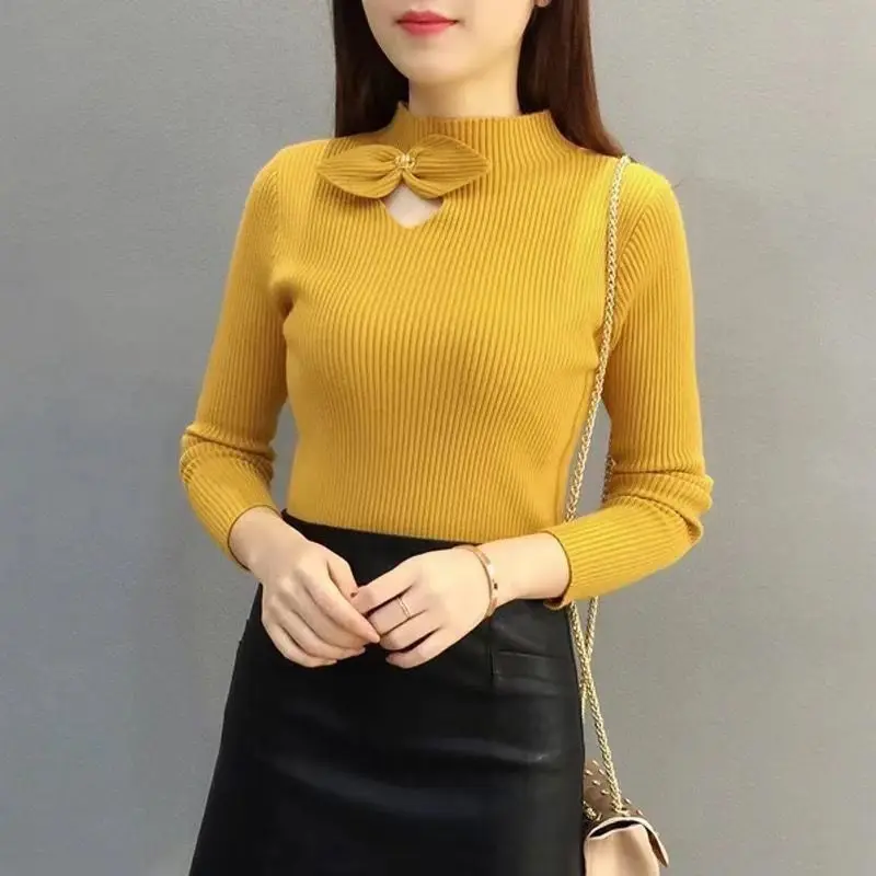 

Bow Hollow Mock Neck Knitted Sweater 2025 New Autumn Winter Women Sweet Sweater Female Soft Blouse Korean Style Bottom Shirt