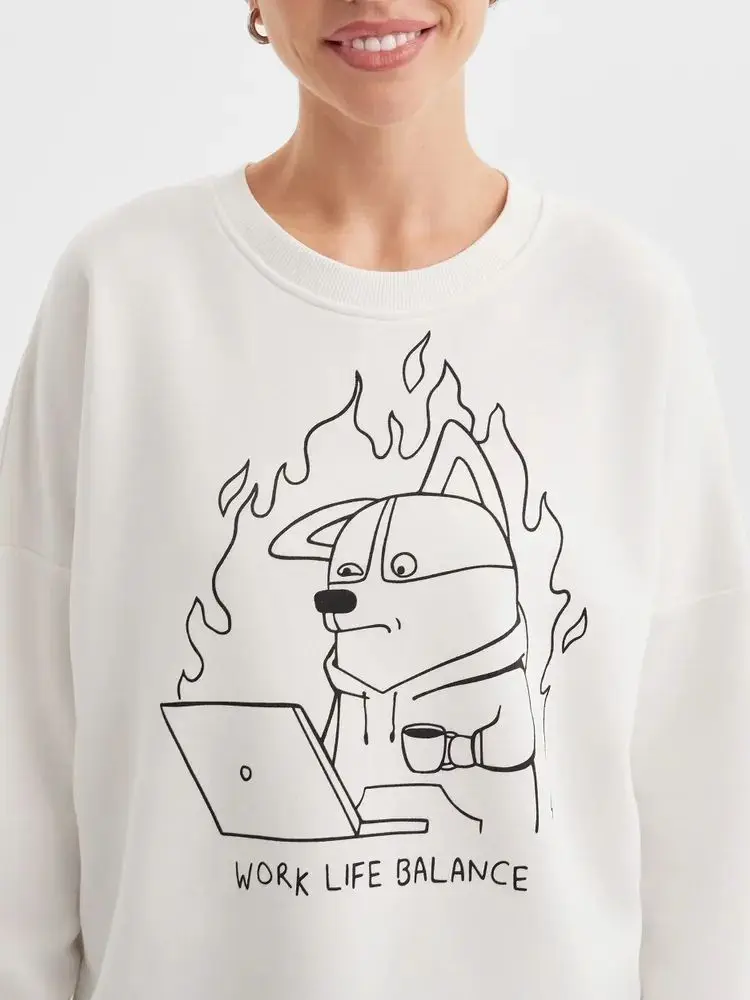 

Милый русский женский стильный свитшот, белый пуловер с круглым вырезом, забавные топы с мультяшным принтом для отдыха, осенняя уличная одежда для девочек-студентов