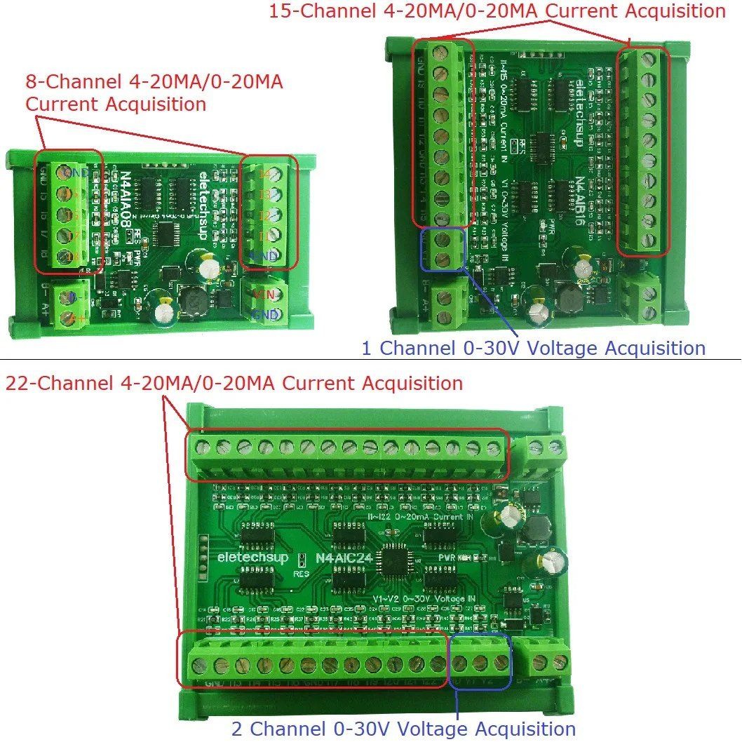 ​8 Channel 4-20MA to RS485 Current Analog Input Collector MODBUS RTU Board DC 7-25V for PT100 K Thermocouple Pressure Sensor