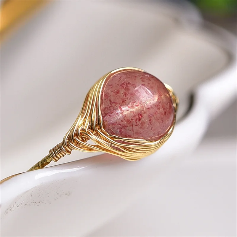 2PCS Natural Strawberry Quartz Sphere Metal Woven Ring Resizable Sterling Silver Reiki Healing Stone Jewelry Gift 8MM