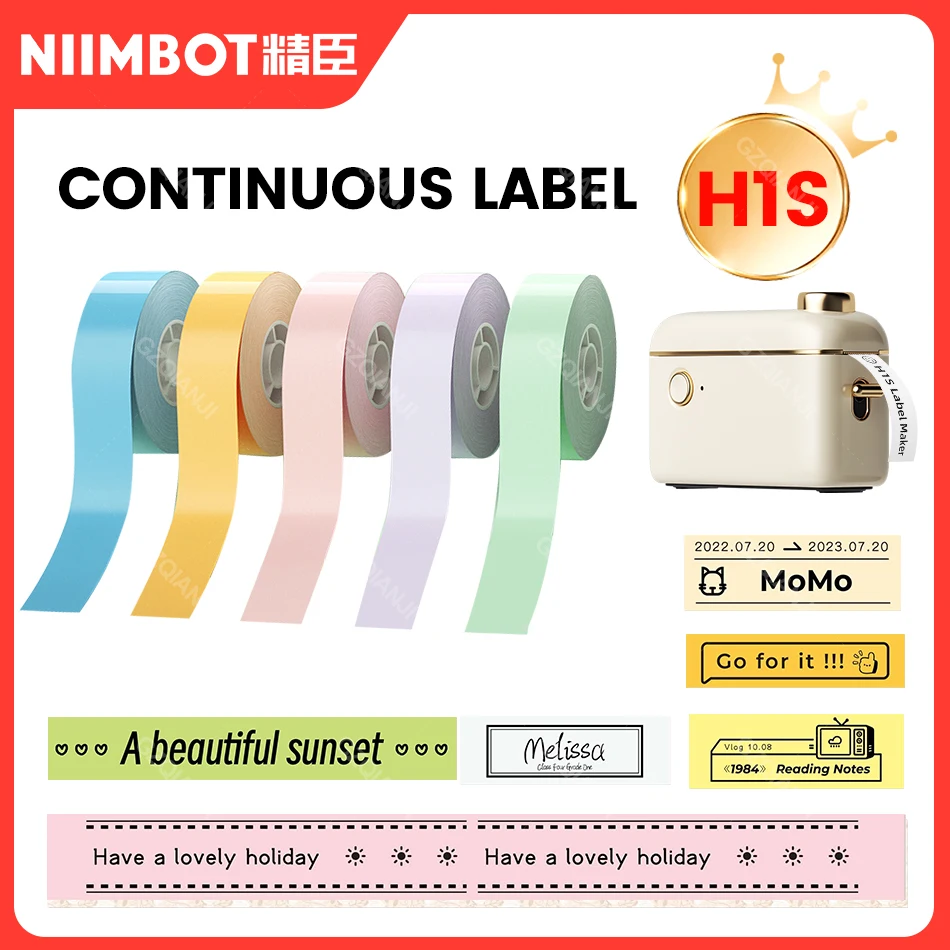 Niimbot H1S Supuer 긴 언컷 연속 열 라벨 용지, 화이트 핑크 블루 옐로우 컬러 롤, 프린터용