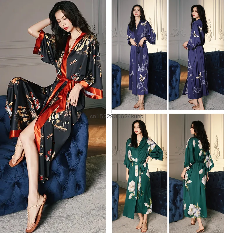 

Women New Spring Summer Long Kimono Bathrobe Bathro Gown Sexy Flower Printed Sleepwear Nightgown Casual Satin Half Sleeve Dress