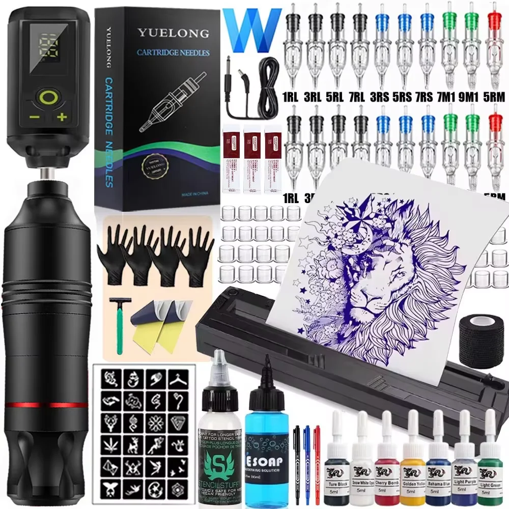 Wireless Tattoo Kit Rotary Tattoo Machine Pen Wireless Tattoo Printer with Cartridge Needles Ink Set Permanent Makeup Tattoo Kit