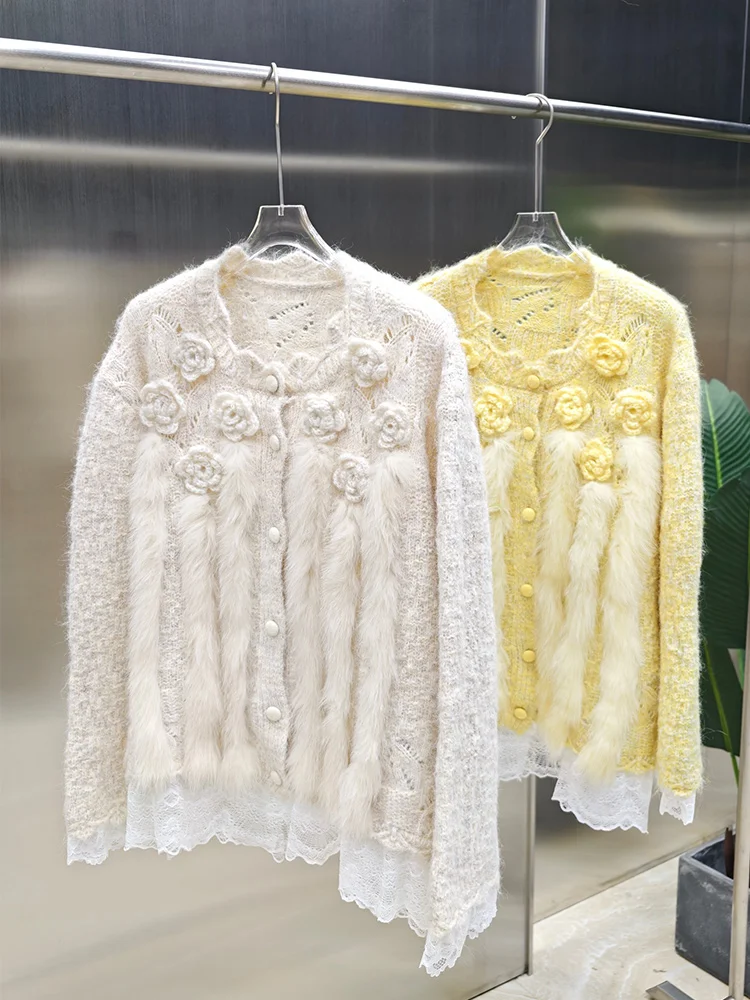 2025秋冬 レディース フォックスファーコート セーター 天然フォックスファーストリップ縫い付け ターコイズセーター アウター ホットセール