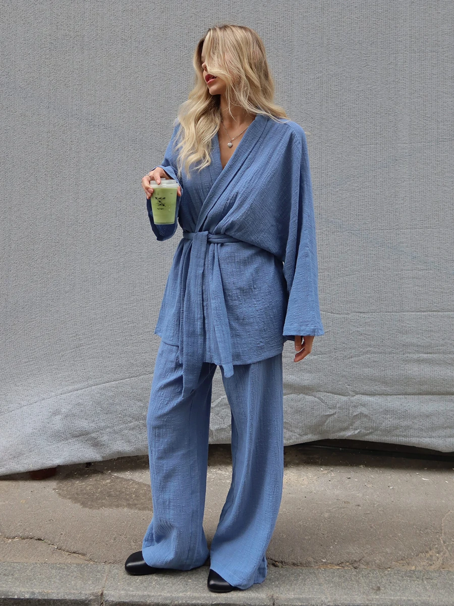 

Wolfeel 2025 Осенний Новый Комплект Женской Пижамы из 100% Хлопка с Синими Шнурованными Длинными Рукавами и Свободными Брюками, 2 Предмета, Домашняя Одежда для Отдыха