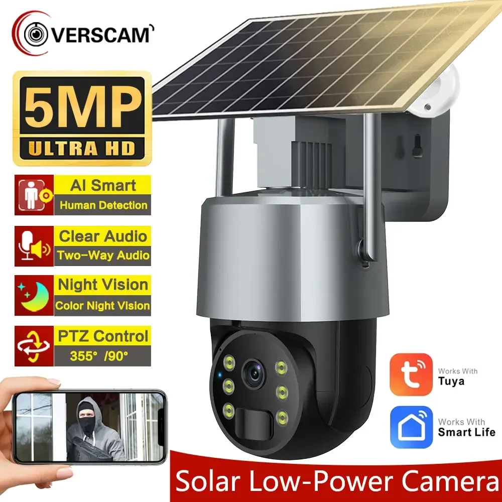 Tuya-Caméra de vidéosurveillance solaire sans fil, caméra de sécurité extérieure, vision nocturne, document, batterie, Smart Life, Wi-Fi, PTZ, 5MP, 62