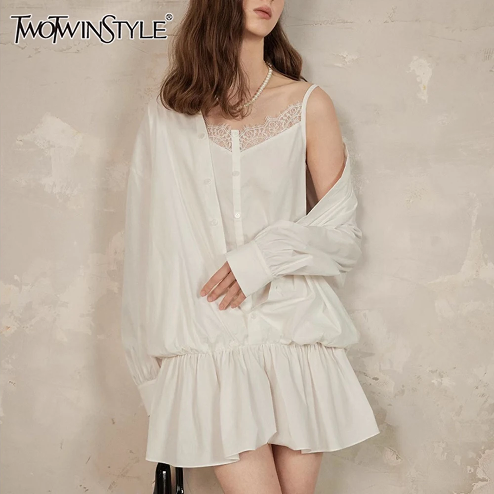 

TWOTWINSTYLE Solid Spliced Folds Elegant Dresses for Women Lapel Long Sleeves Patchwork Single Breasted Dress Female Fashion New