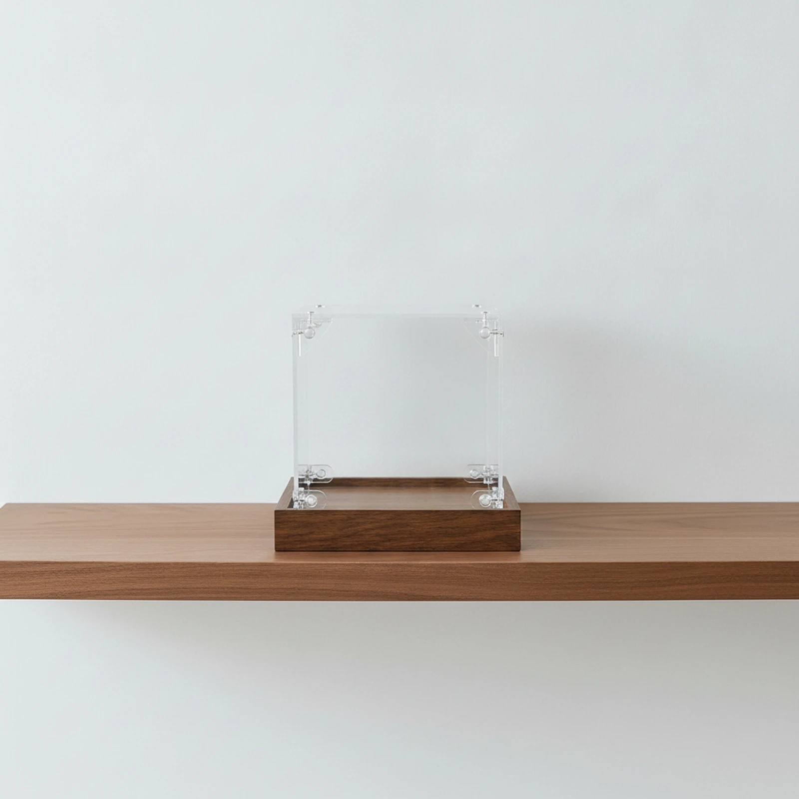 Clear Acrylic Display Case 10x10cm Snap Fit Dustproof Box for Figurine Collection with Wood Look Base