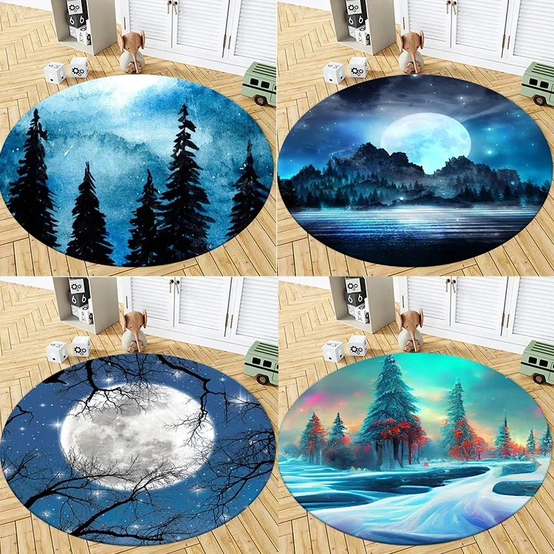 Moonlight Natural Scenery Round Carpet Multi-color Sky Landscape Bedroom Door Mats Living Room Area Rug Home Non-slip Floor Mat