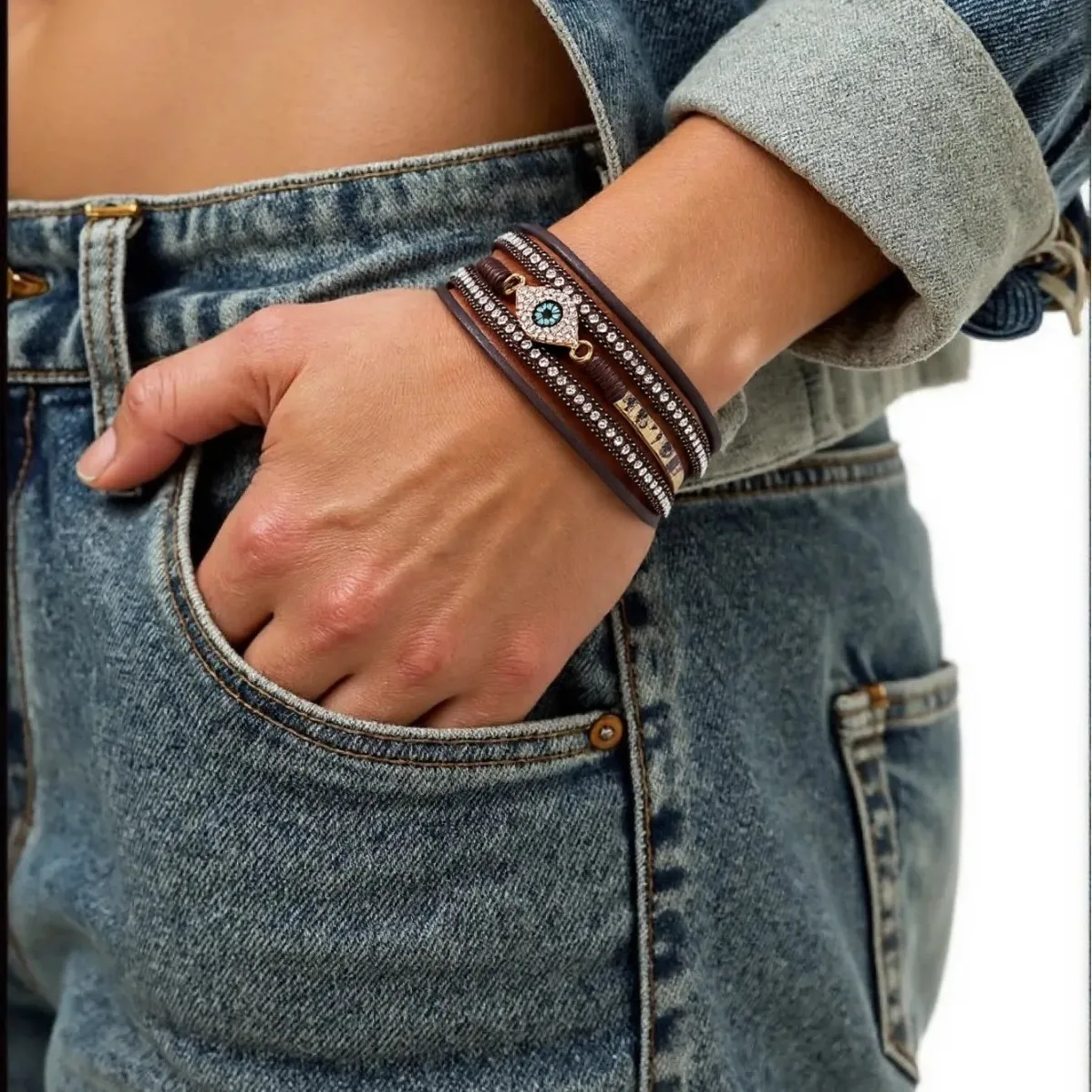 Bohemian Style Leather Bracelet with Embedded Diamond Devil's Eye Simple Fashion Jewelry Hand Accessory Cross-Border Sales