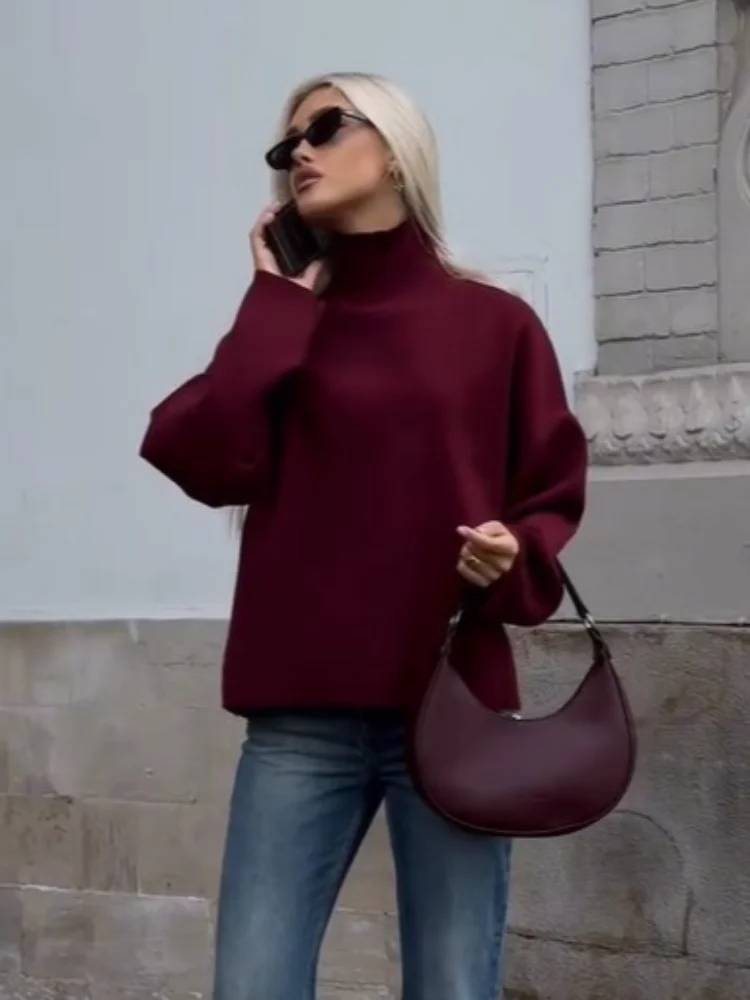 New Turtleneck Burgundy Women\'s Sweater Knitted Long Sleeved Loose New Pullover Sweater High Street Commuter Office Top 2024