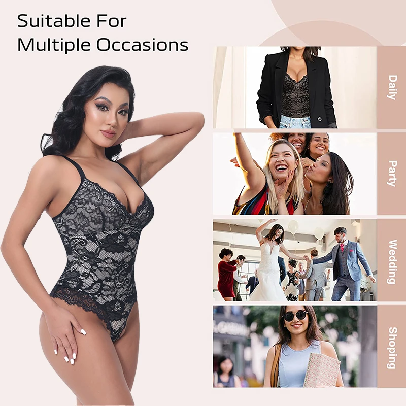 V-Neck Camisole Bodysuit Compression Body Shaper Women Lace Shapewear Slimming Waist Postpartum Corset Thong Underwear Plus Size