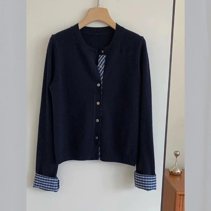 

College Retro Style Fake Two-piece Knitted Sweater Women's Autumn Plaid patchwork Long Sleeved Jacket ins O-neck Cardigan Top