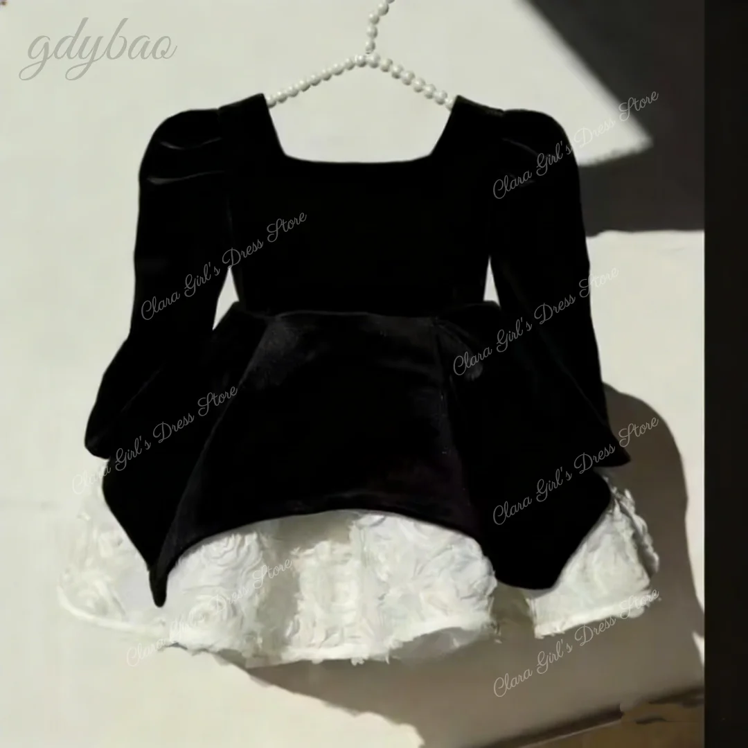 فستان مخملي قصير على شكل حرف A لفتاة الزهور بأكمام طويلة ورقبة مربعة فستان رسمي للأطفال فستان عيد ميلاد للفتيات قابل للتخصيص