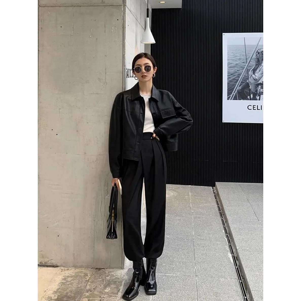 Women's Biker Style Loose Long Sleeve Leather Jacket Spring Autumn Korean Version Short Size Small High End Feeling Coat 5