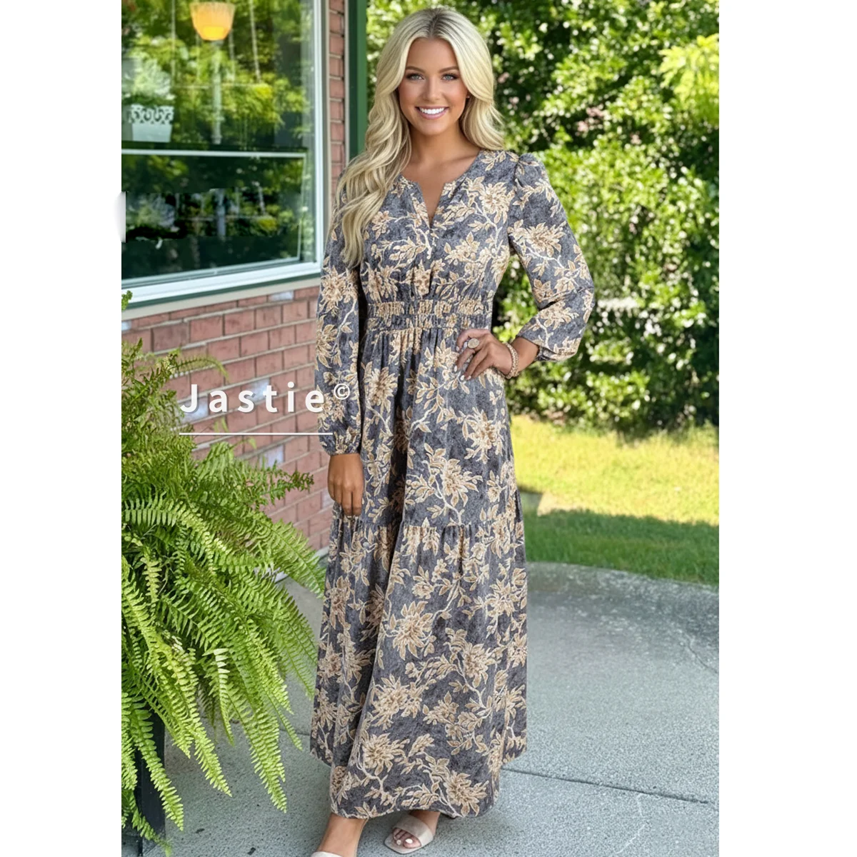 Vestido largo floral vintage para mujer, manga larga abombada, cuello en V, cintura ahumada, vestido de playa con gradas, vestidos de vacaciones bohemios informales fluidos