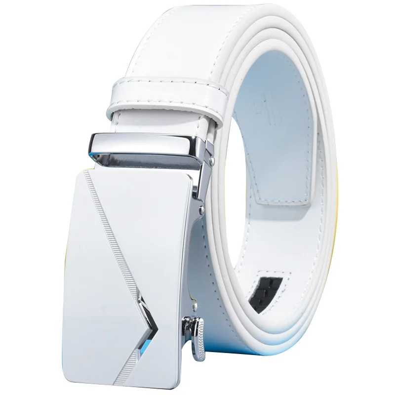 

Белый кожаный ремень для мужчин и женщин, модный повседневный ремень с автоматической пряжкой, мужской универсальный ремень из натуральной кожи