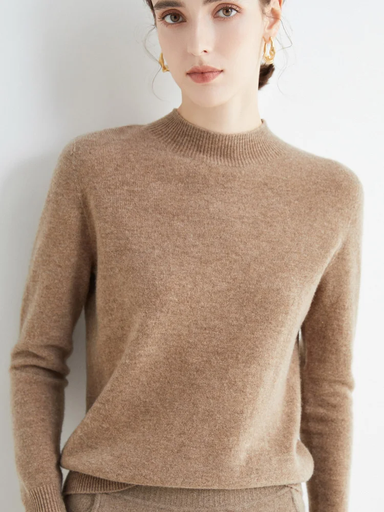 Women\'s Sweaters Pullovers 100% Merino Wool Knitwear Mock Neck Basic Casual Cashmere Autumn Winter Comfortable Clothing Tops New