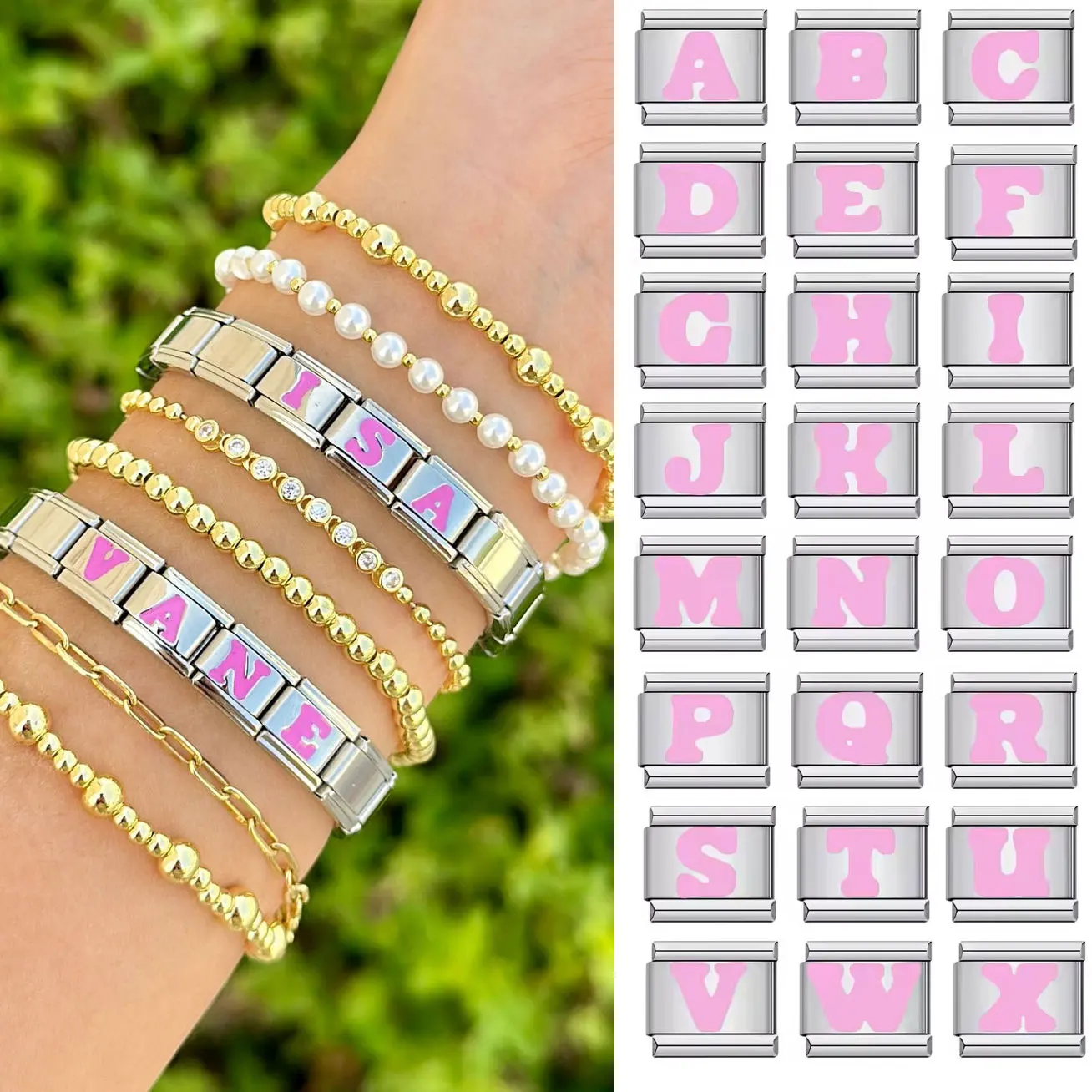 Customized DIY Name Y2k Pink Color 26 English Letters A-Z Italian Bracelet Link Charm Fit 9mm Stainless Steel Bracelet Jewelry