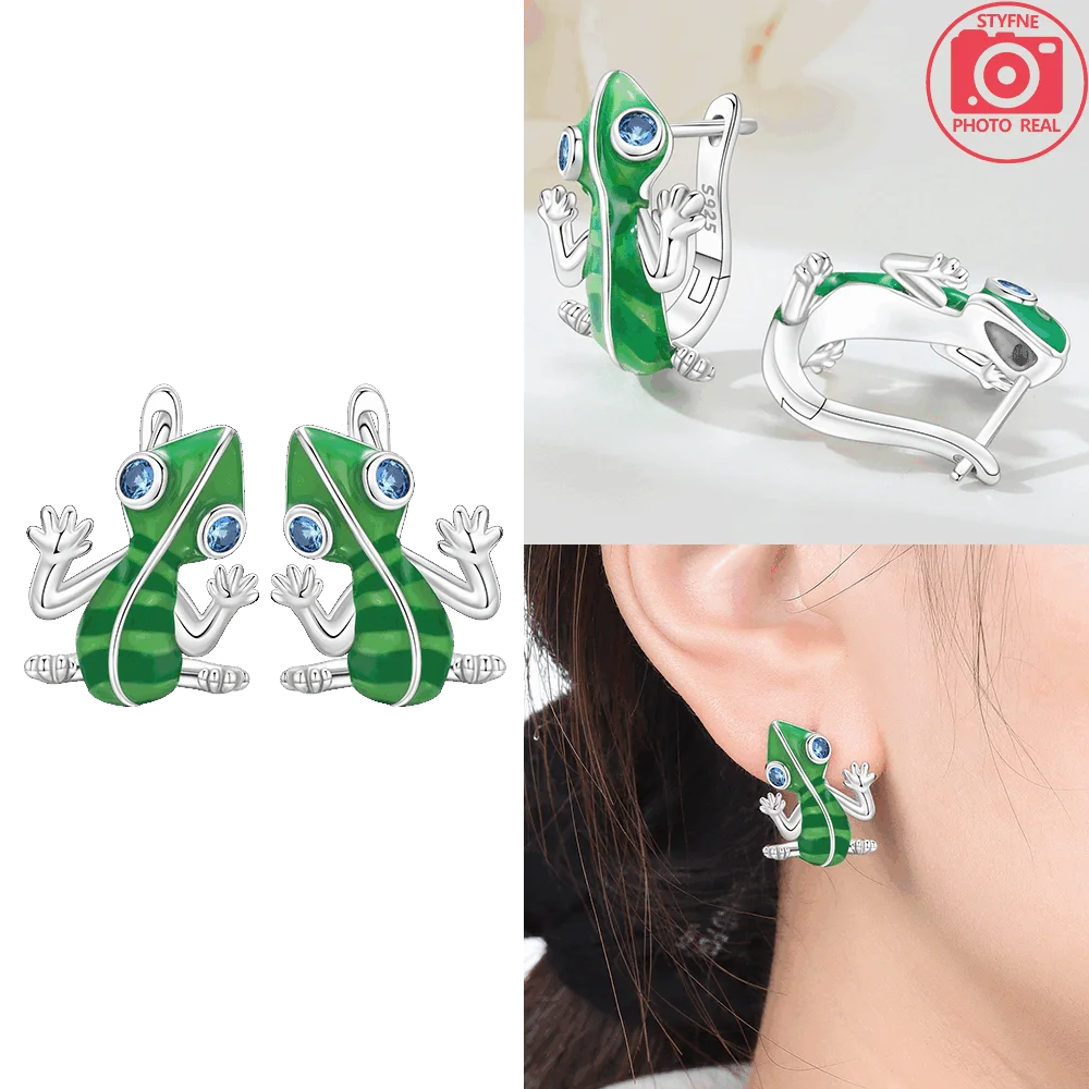 القرط الأصلي S925 الفضة الأخضر الحيوان القرط الحرباء الأزرق عيون الزركون أقراط الذكرى غرامة هدية الإكسسوار #3