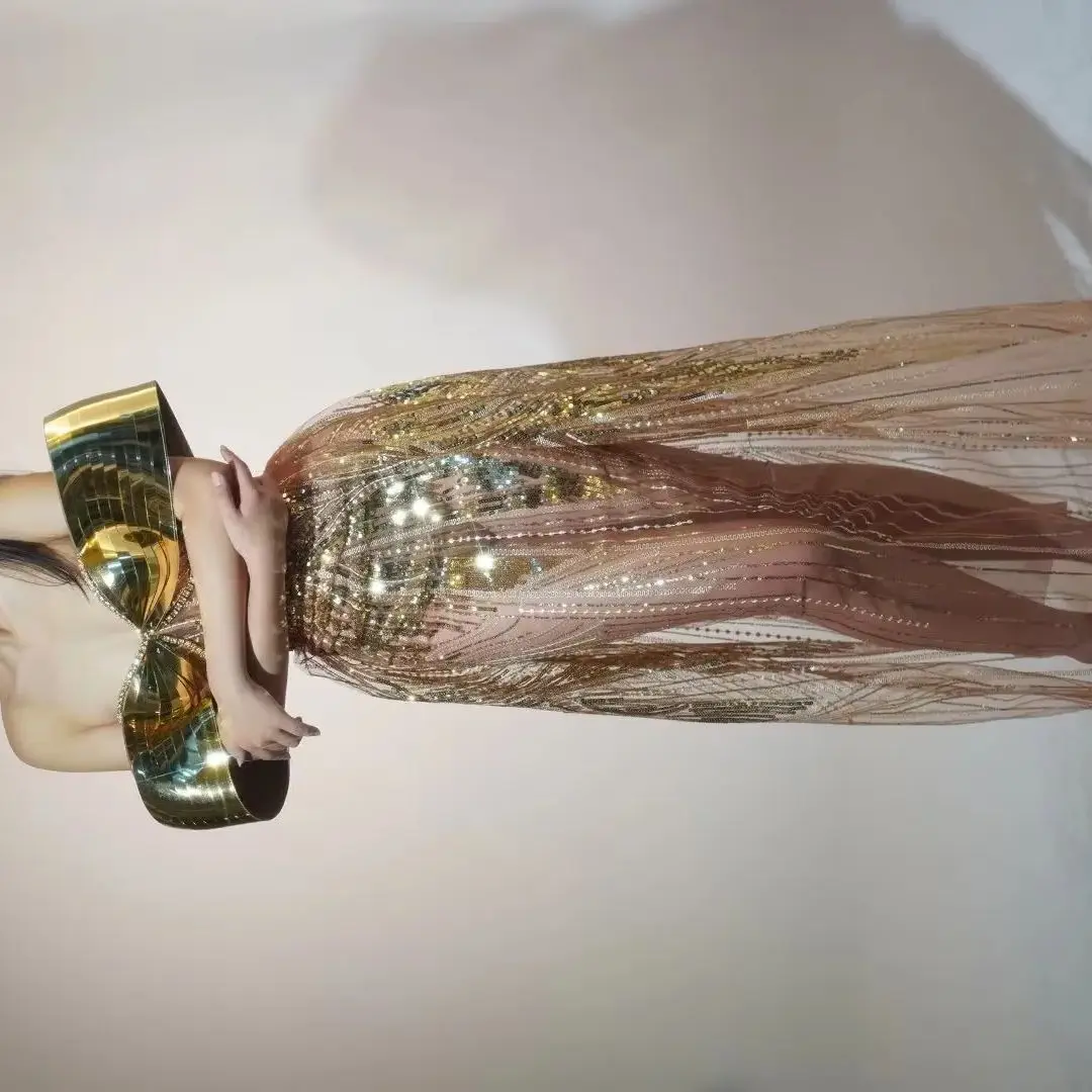 

Длинное платье с открытыми плечами и бриллиантами, женское дизайнерское сексуальное сетчатое платье с открытой спиной, прозрачное вечернее платье для выпускного вечера, золотое платье