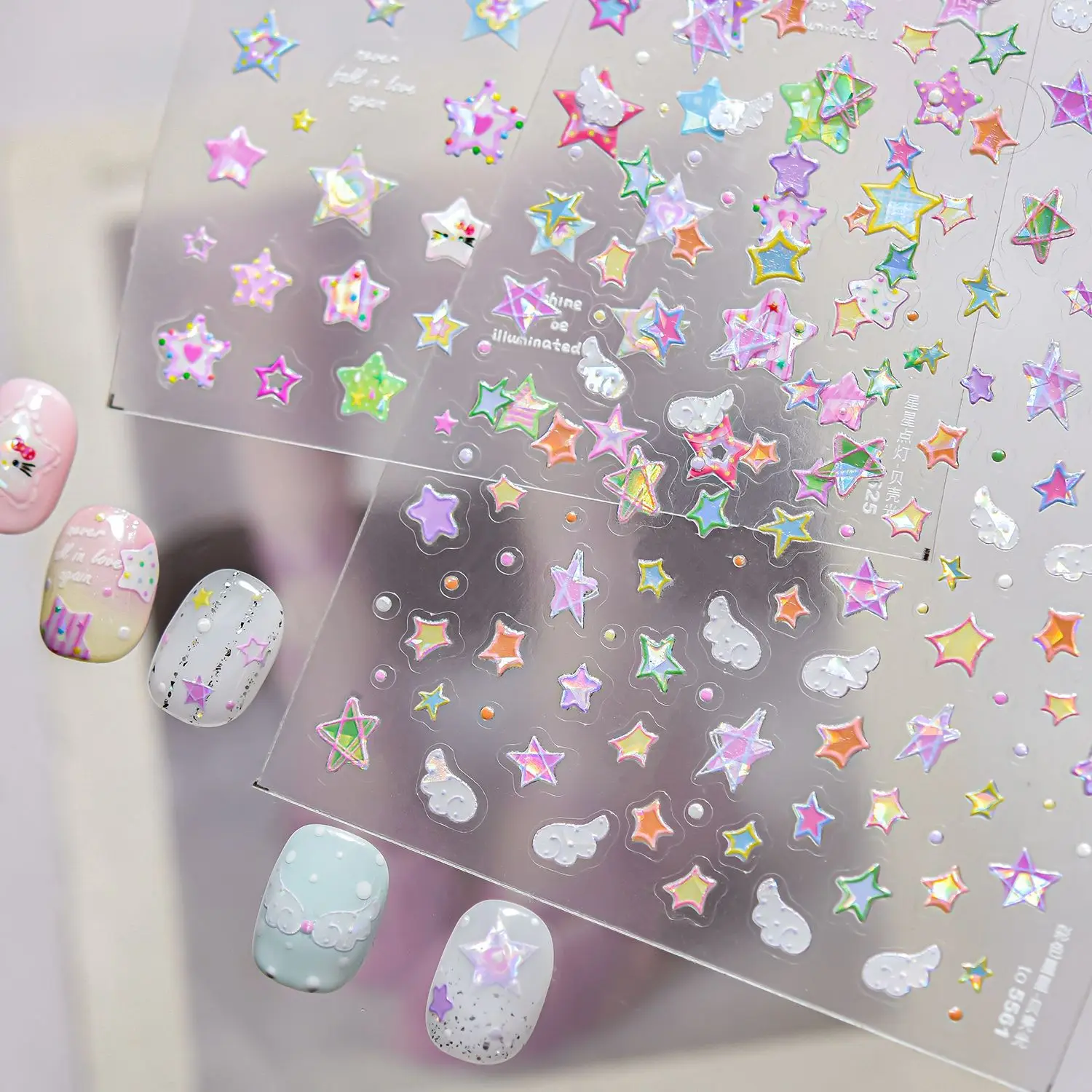 1 Stück 5D Bunter Pentagramm-Schimmernder Fünfzackiger Stern Farbiger Punkt-Sternstrahl-Streifen Funkelnder Selbstklebender Nagelkunst-Aufkleber Maniküre