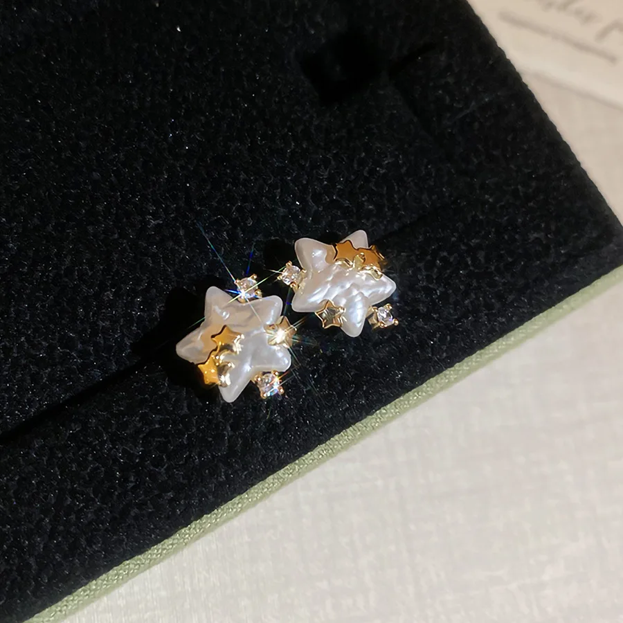 14k مطلية بالذهب تقليد اللؤلؤ ستار وأقراط صغيرة لطيف مطعمة الزركون قرط الاذن المرصع مجوهرات اكسسوارات النساء جديد في 2026 #2