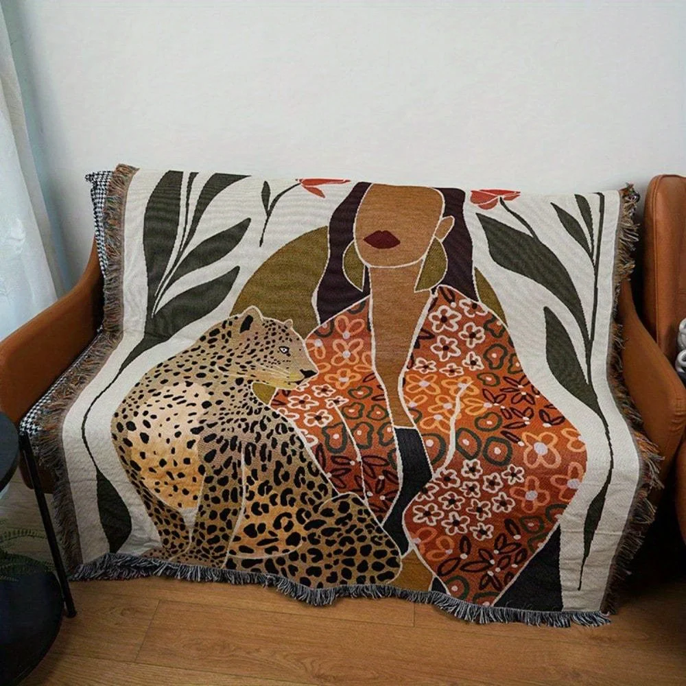 Nordic Illustration Blanket Retro Tapestry Line Design for Sofa Camping Daily Naps Cozy Throw