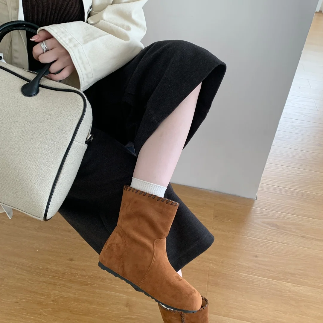 height increasing Shoes Woman casual narrow band Ankle Boot faux suede round toe modern Boots vintage slip on western Boots