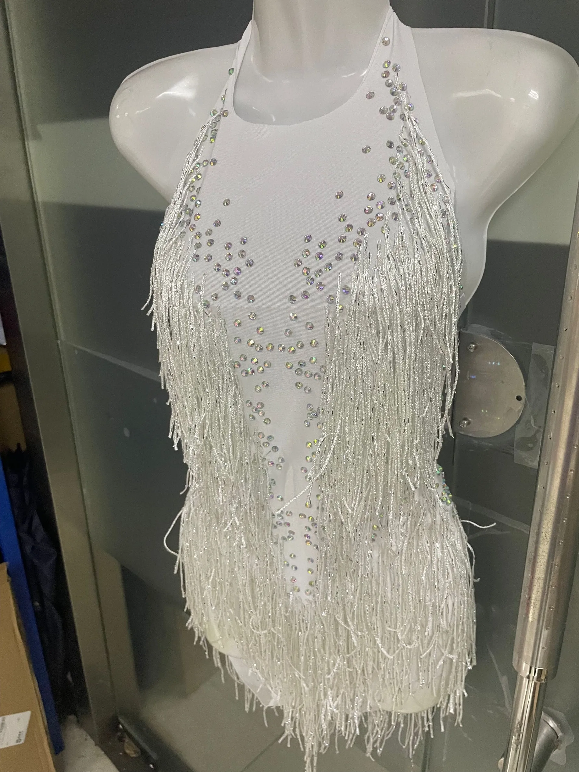 Glitter leotard คริสตัล Fringe บอดี้สูทผู้หญิงไนท์คลับชุดปาร์ตี้เต้นรําเครื่องแต่งกายสวมใส่เซ็กซี่ประสิทธิภาพแสดง Leotard