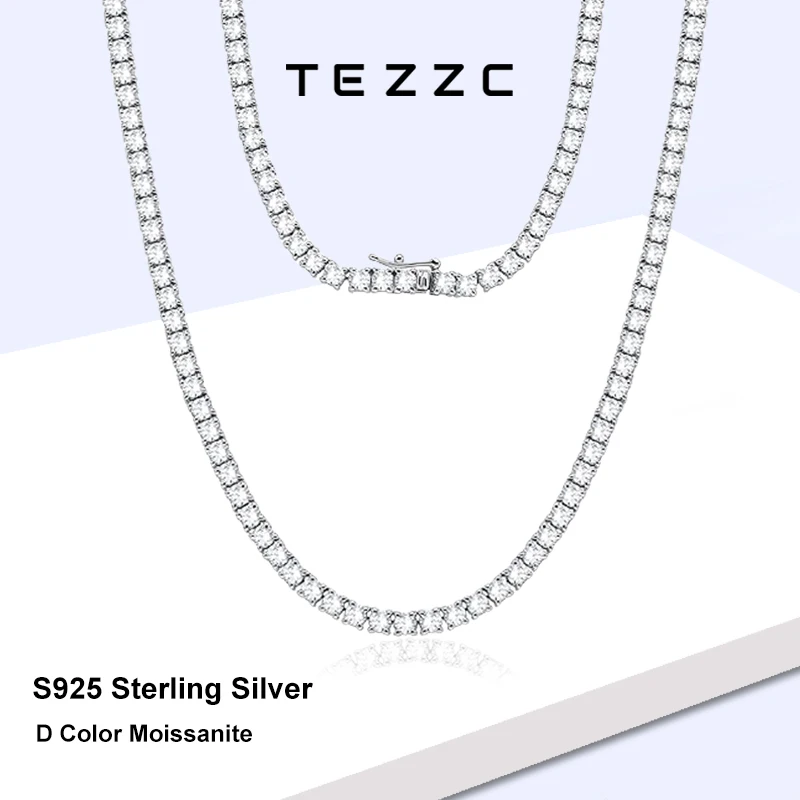 

Tezzc 3/4/5mm Full Moissanite Tennis Necklace for Women Man 925 Silver with 18k Gold Plated Hiphop Party Neck Chains New Jewelry