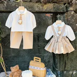 Baby Brother And Sister Outfit Newborn Kindergarten Suits Toddler Boys Tops Shirt Pants Clothes Girls White Blouse Skirts Sets