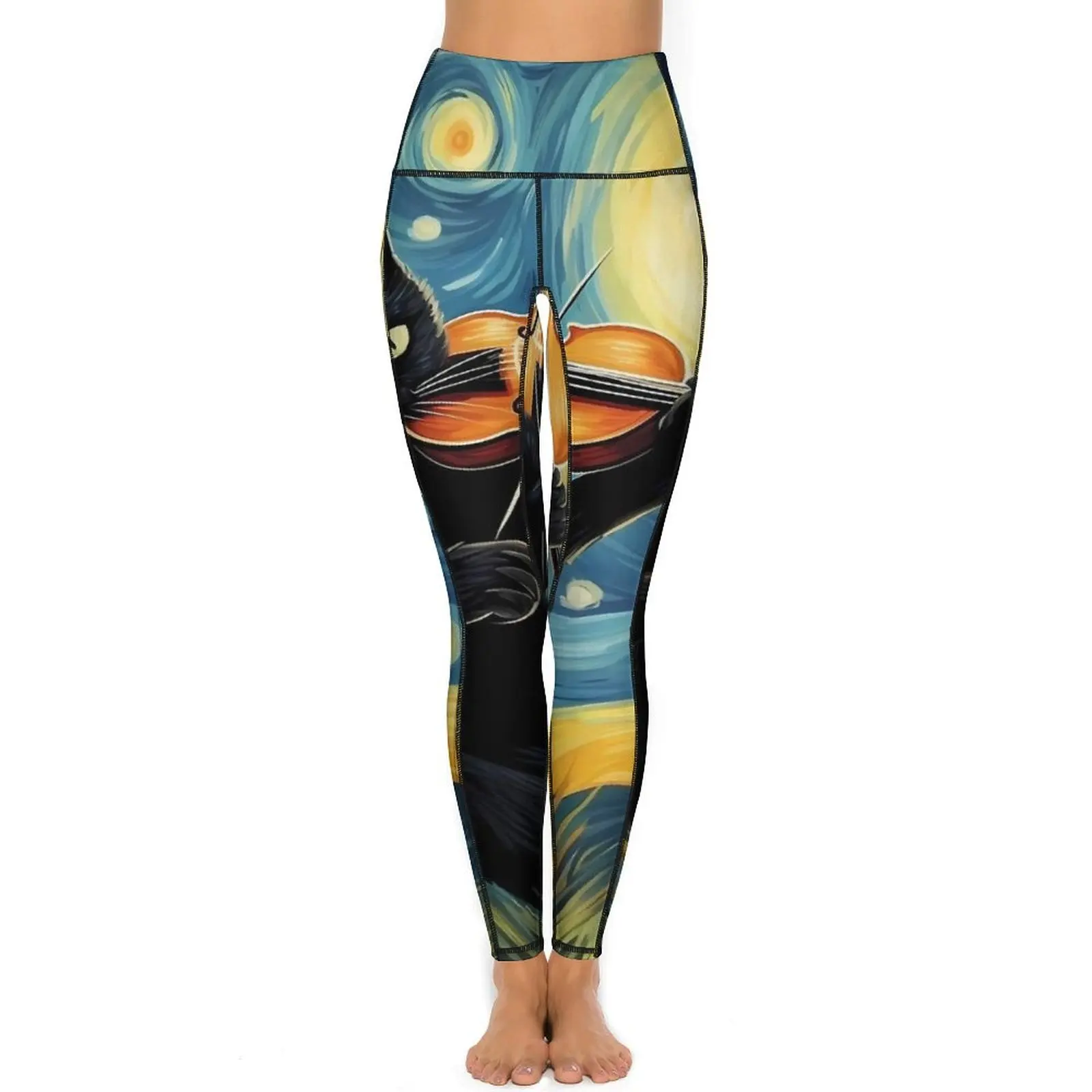 Van Gogh, pantalones de Yoga de noche estrellada, mallas sexis de gato negro jugando violín, mallas deportivas Push Up, mallas deportivas elásticas para mujer